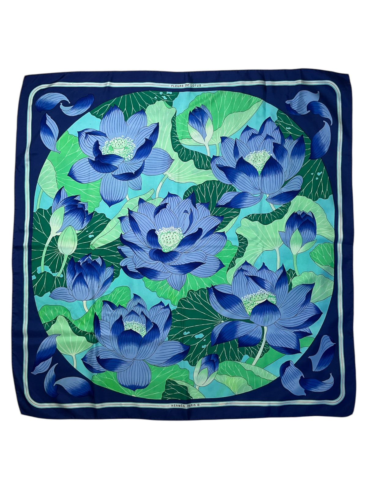 Hermès Fleurs de Lotus” Silk Scarf by Christiane Vauzelles | Blue