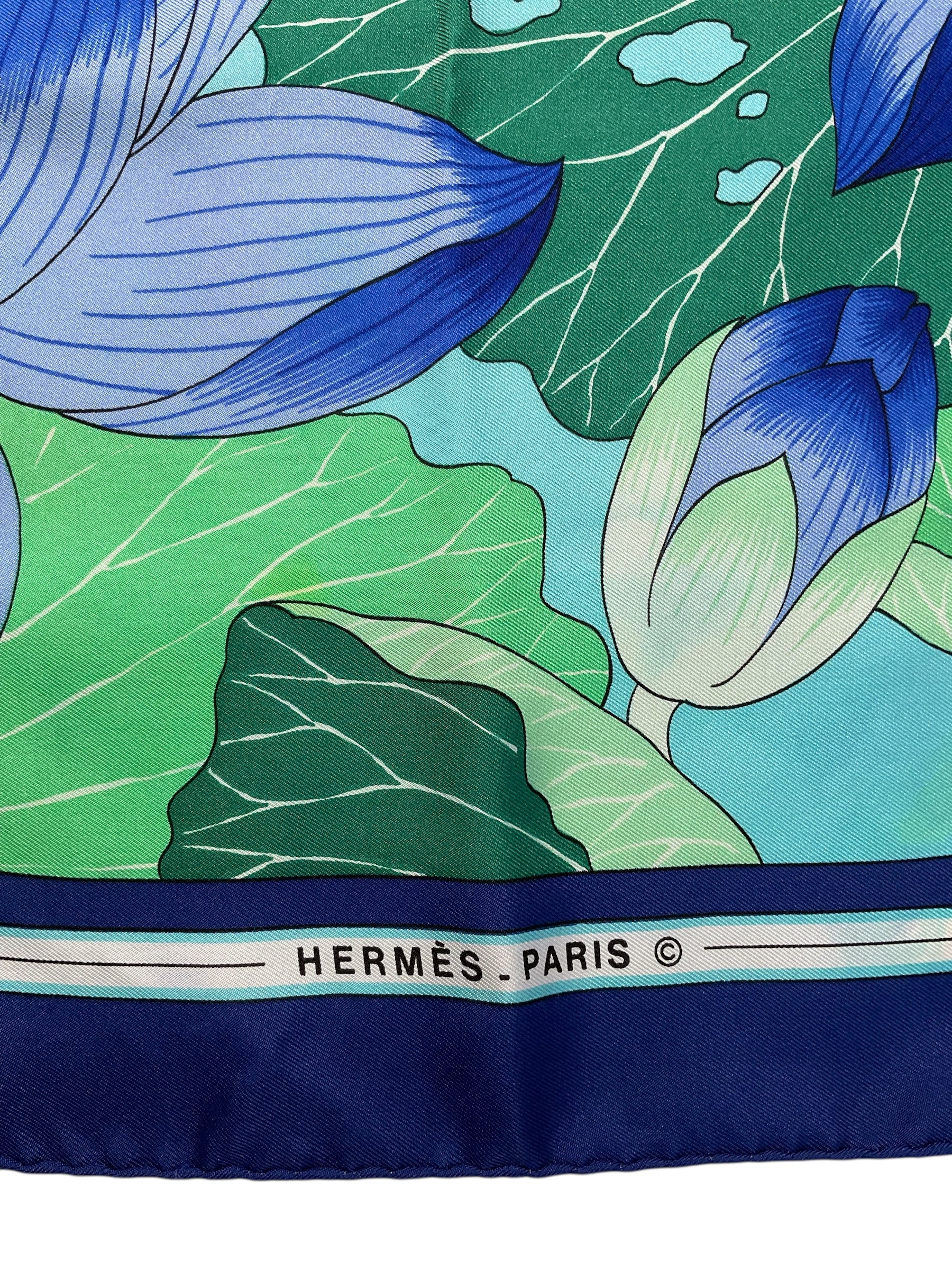 Hermès Fleurs de Lotus” Silk Scarf by Christiane Vauzelles | Blue